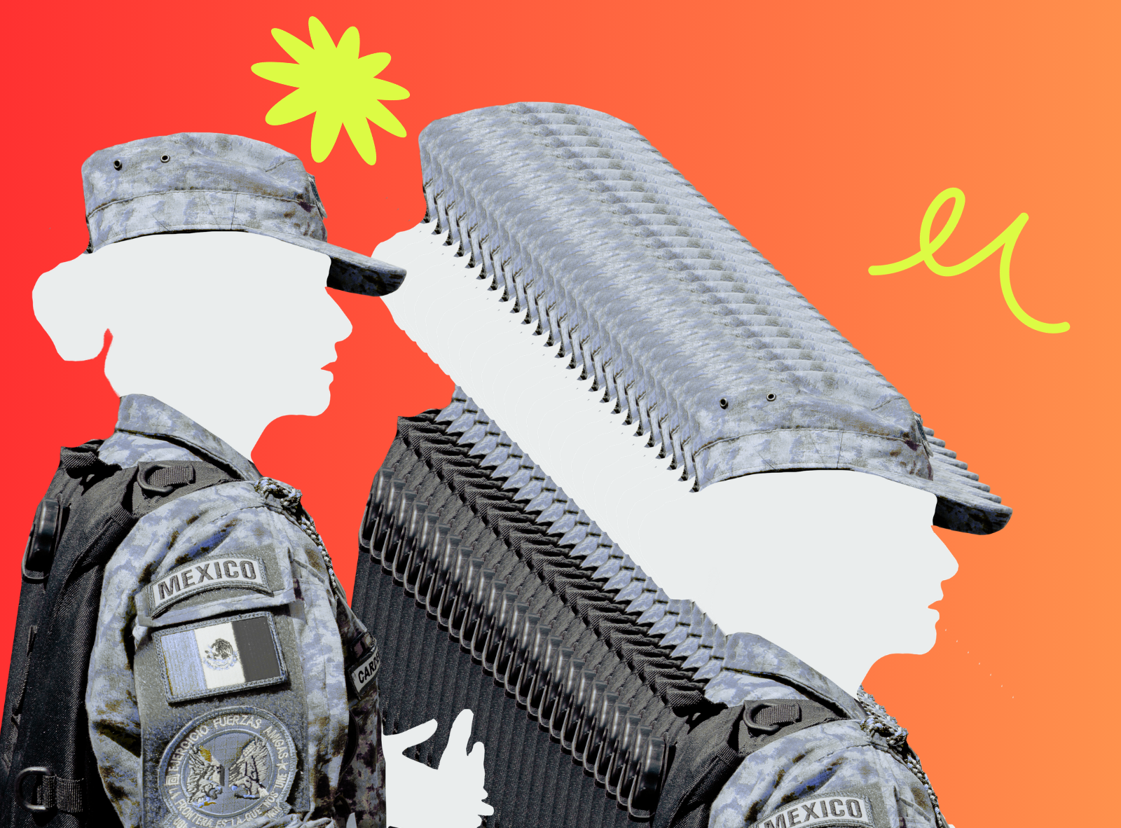 portadas Malvestida (3) Un glitch de militares en fondo naranja